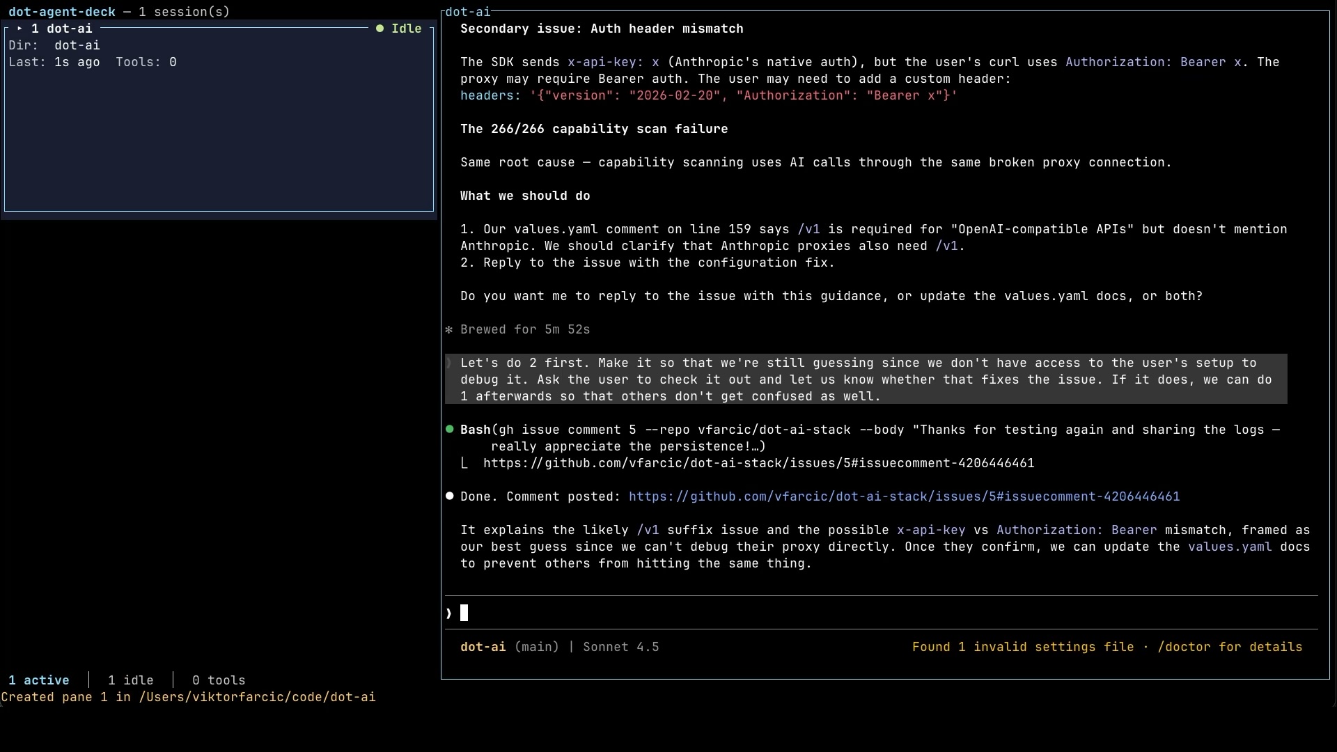 Two-column layout showing the dashboard card on the left and a Claude Code agent pane on the right
