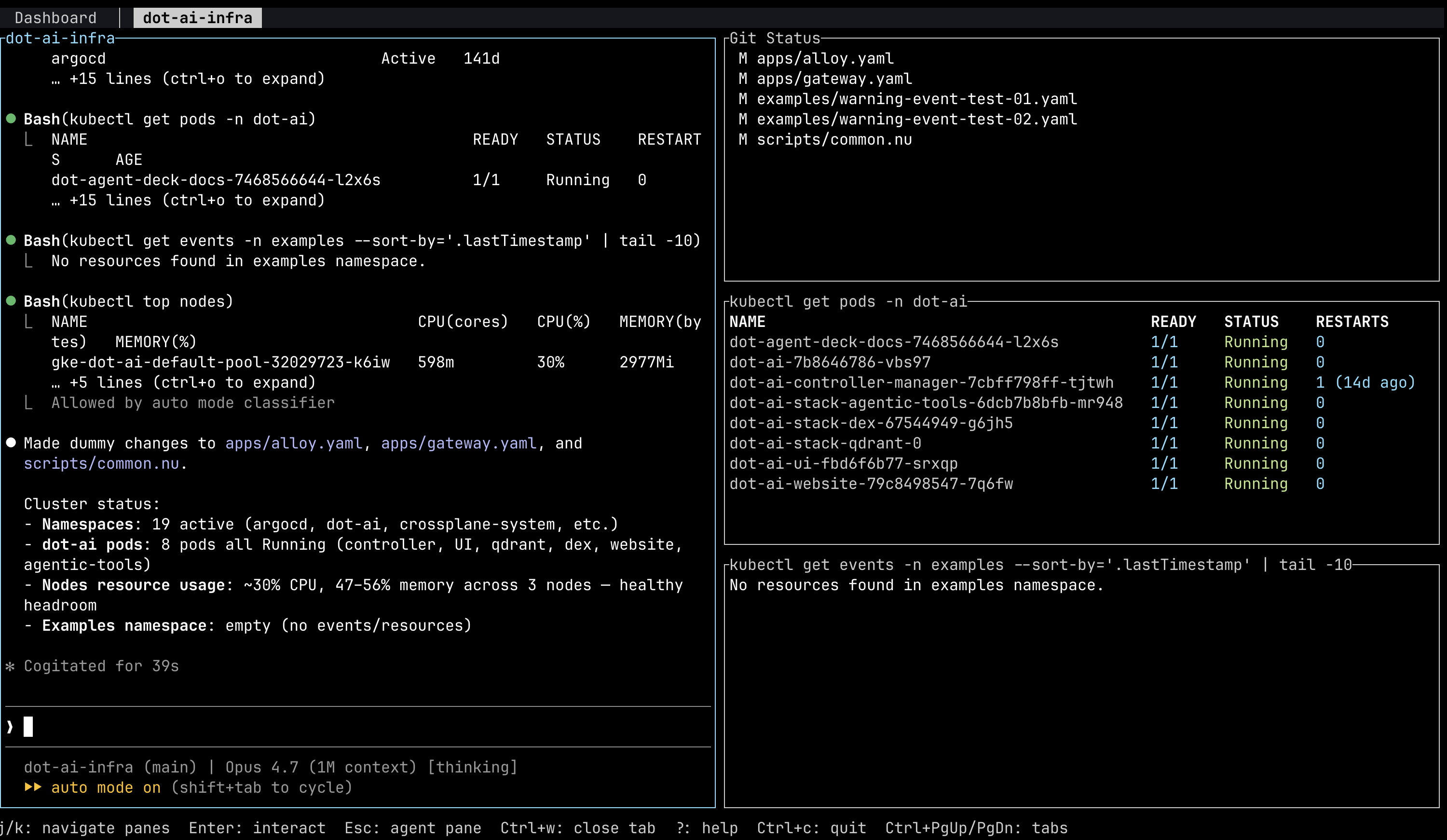 A mode tab in action — agent pane on the left, with live Git status, kubectl pods, and kubectl events stacked on the right