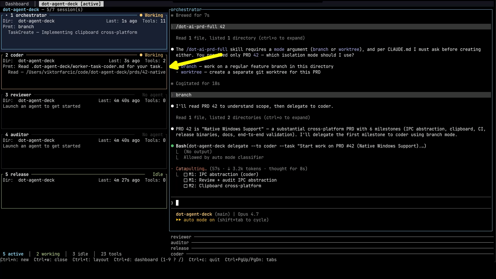 Coder pane active and working after receiving a delegation from the orchestrator