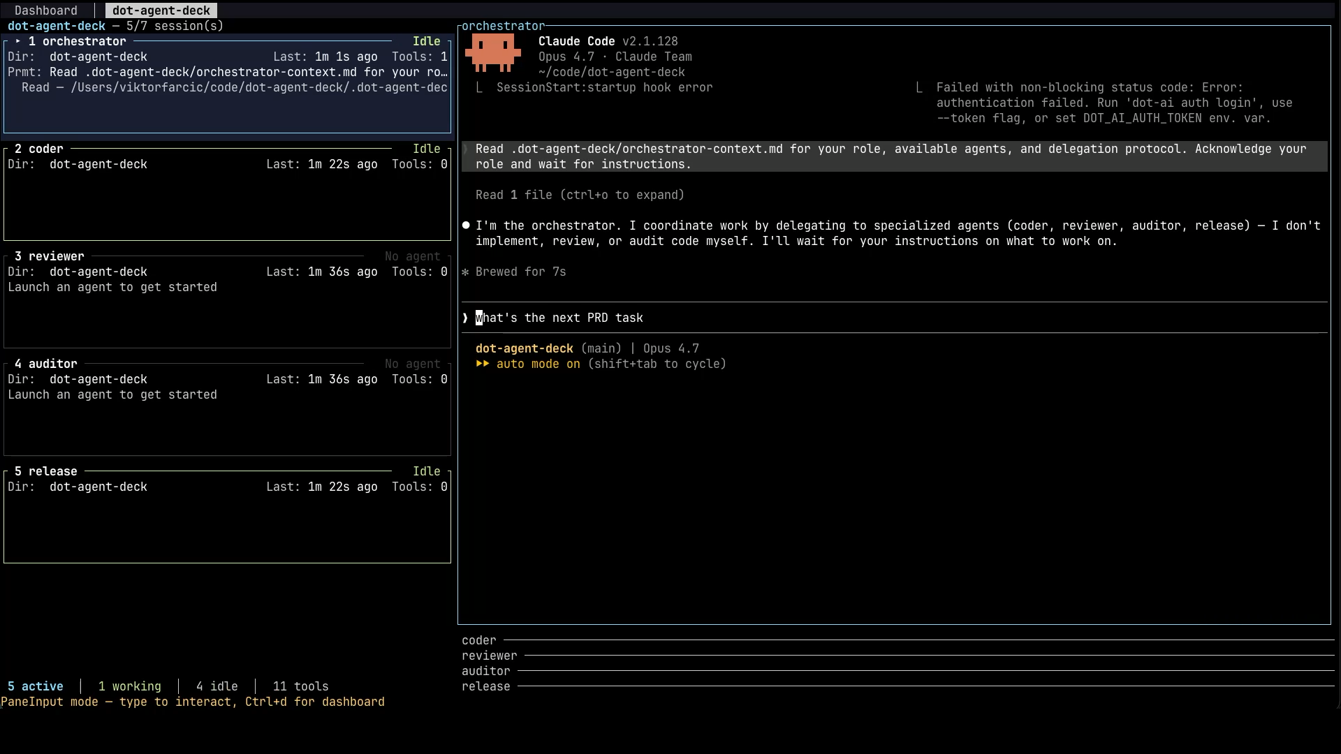 Orchestration tab on launch — five role cards in the sidebar, orchestrator pane active on the right