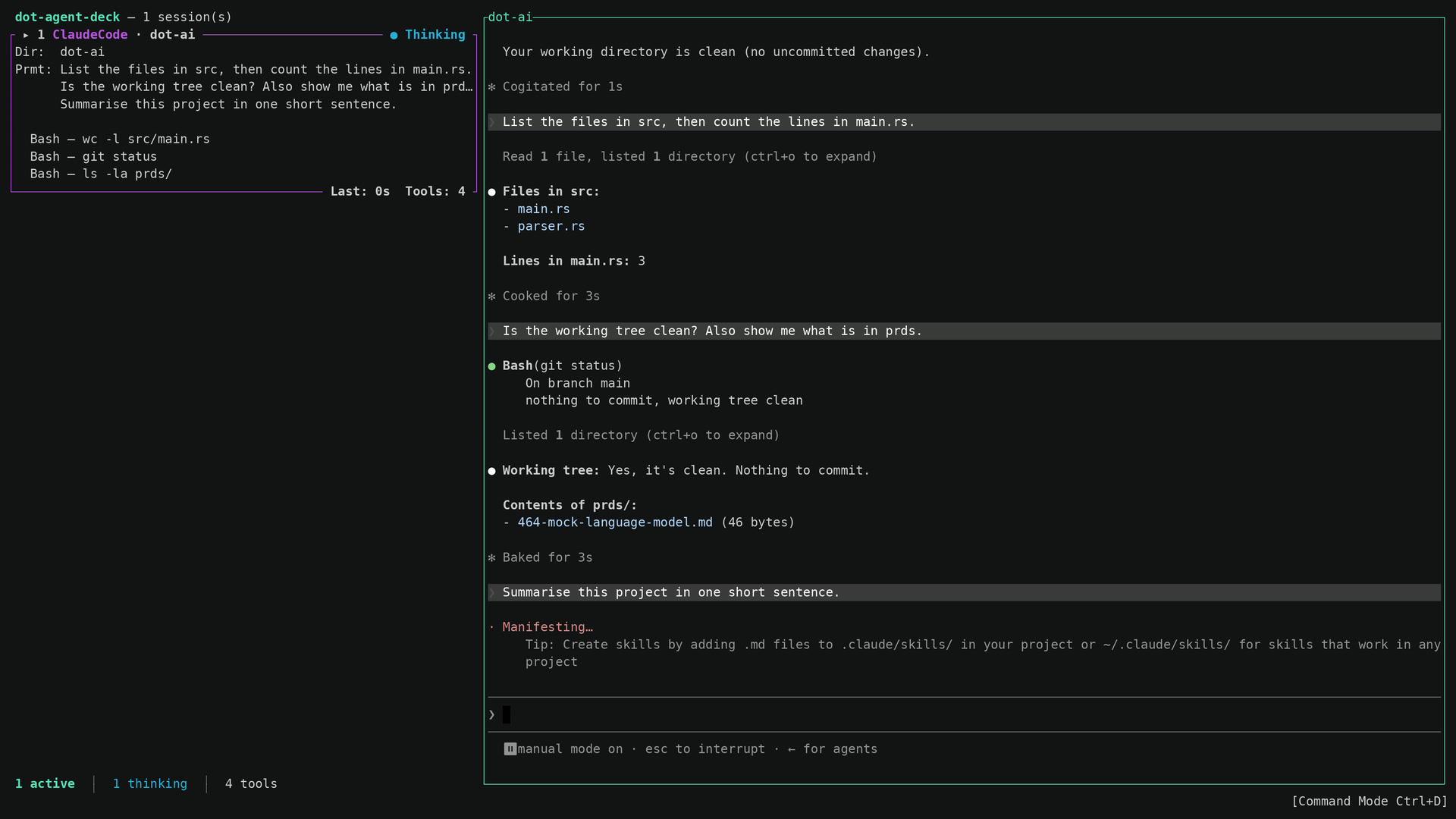 Single agent card showing directory, last activity, tool count, recent prompt, and recent tool calls