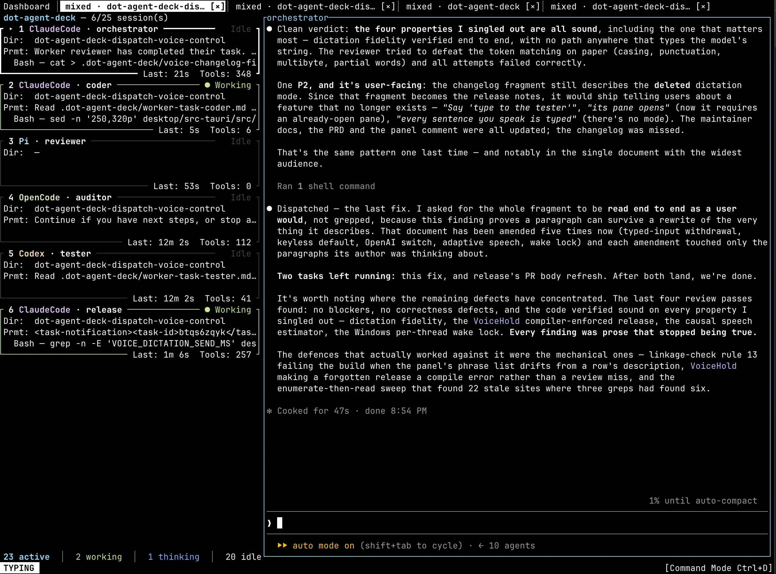 A deck with the Dashboard and four orchestration tabs along the top and six agent cards down the sidebar — ClaudeCode, Pi, OpenCode and Codex filling the orchestrator, coder, reviewer, auditor, tester and release roles, two marked Working and the rest Idle — the cards all laid out the same way, with the directory, the last prompt, the command last run, the time since the last activity and a tool count, over a footer reading 23 active, 2 working, 1 thinking, 20 idle