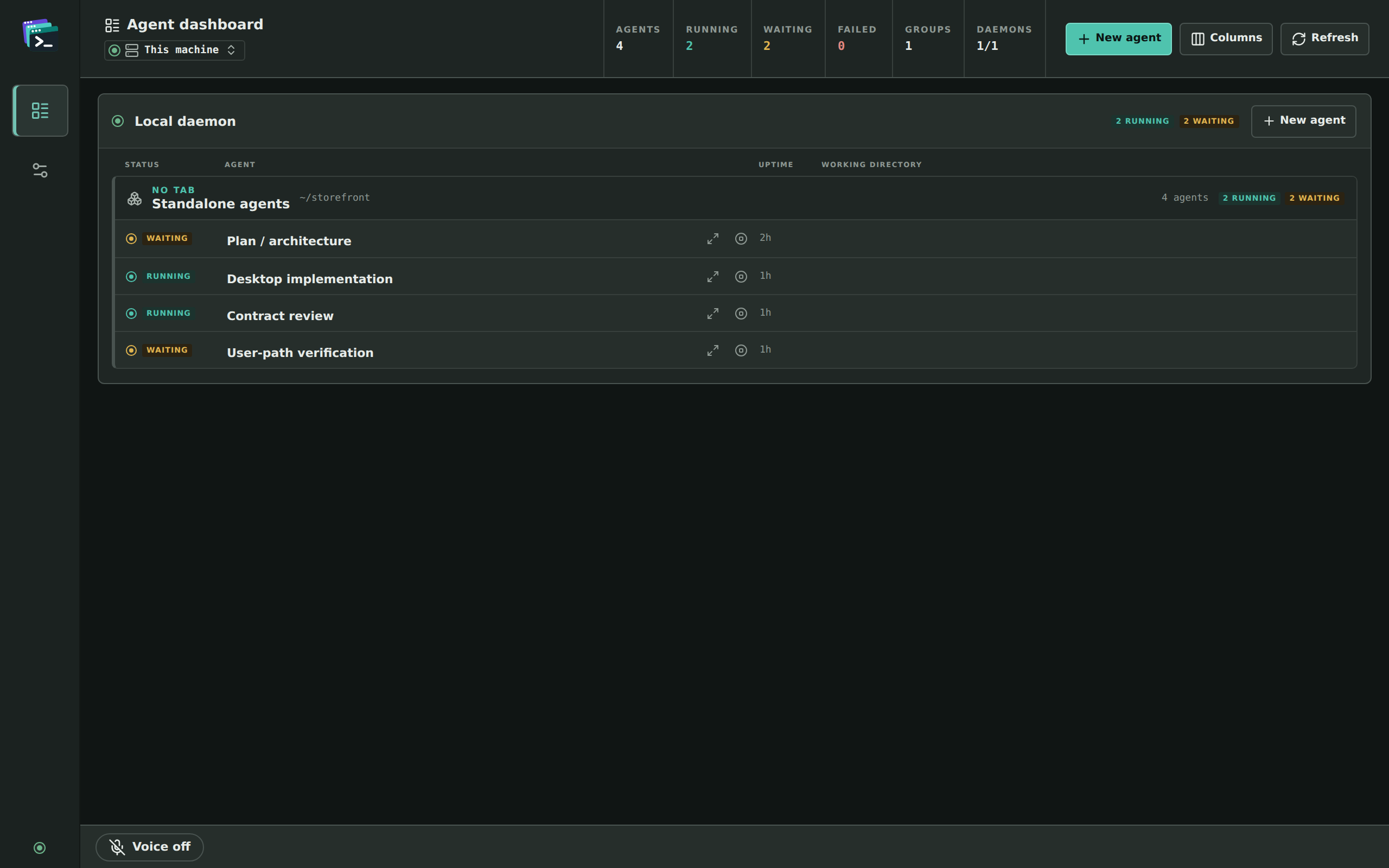 The desktop app’s dashboard with four agents in one daemon section, each row showing its status, name and uptime