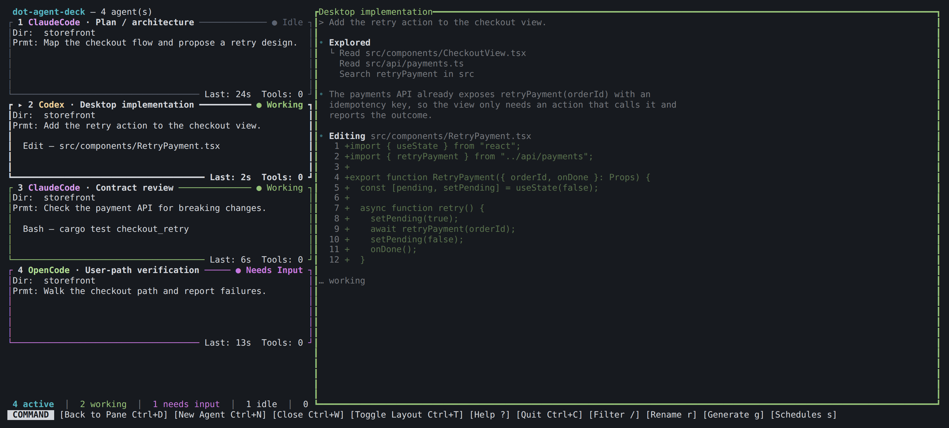 The terminal UI with four agent cards on the left, each showing its status, directory and last prompt, and the focused agent’s terminal pane on the right
