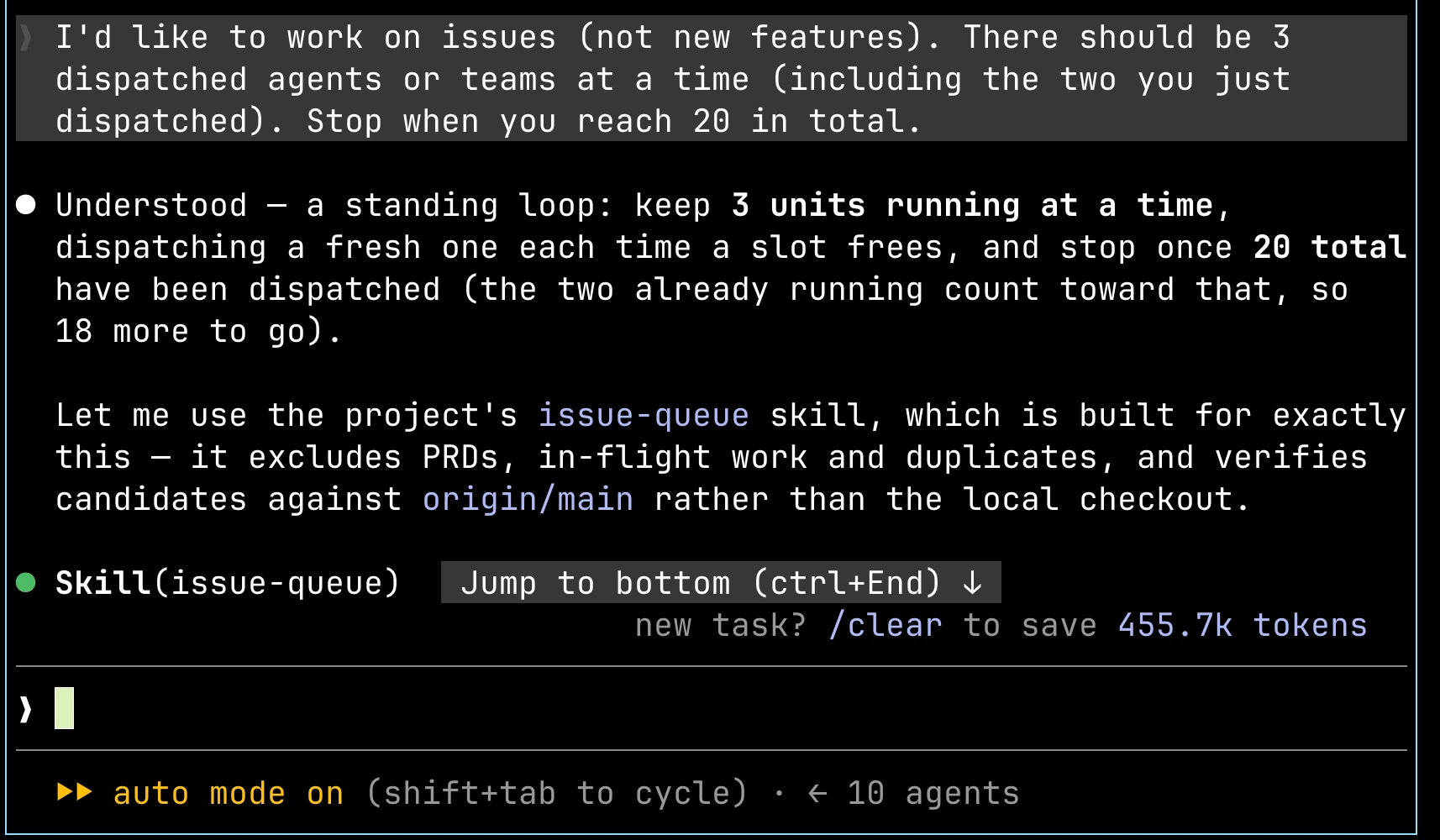 A dispatcher pane in the terminal UI. The request asks for three dispatched agents or teams at a time, counting the two already running, and a stop at twenty in total; the dispatcher reads it back as a standing loop that keeps three units running, dispatches a fresh one each time a slot frees, and stops once twenty have been dispatched, with eighteen more to go