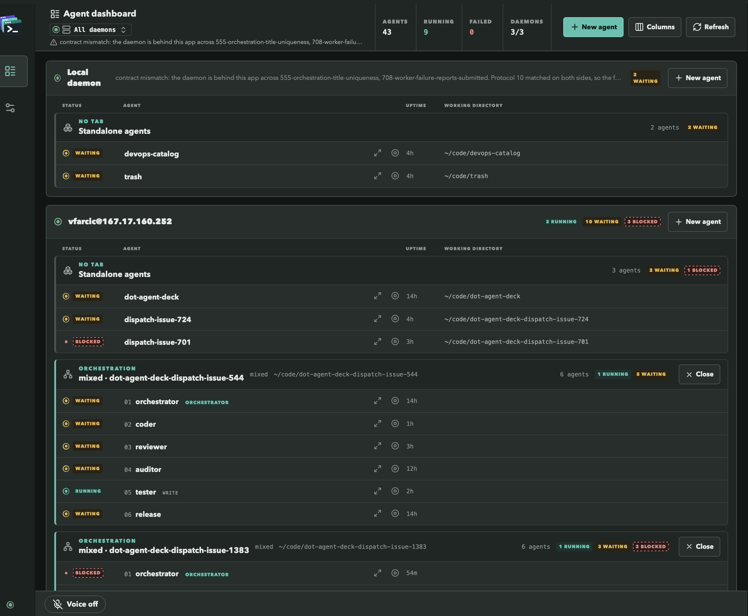 The desktop app’s Agent dashboard across all daemons — 43 agents over 3 daemons — with a remote daemon’s standalone agents above two six-role orchestrations: the first lists 01 orchestrator, marked ORCHESTRATOR, then coder, reviewer, auditor, tester and release, one running and five waiting, each with its uptime