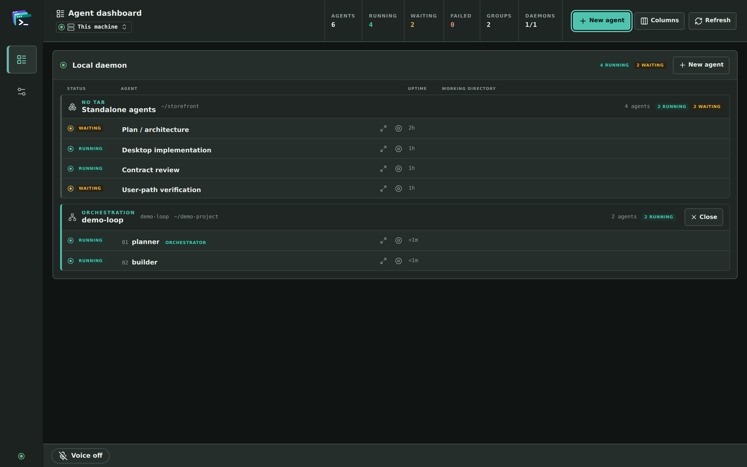 The desktop app’s Agent dashboard with a demo-loop orchestration group below the standalone agents: 01 planner, marked ORCHESTRATOR, and 02 builder, both running, with a Close button on the group’s header