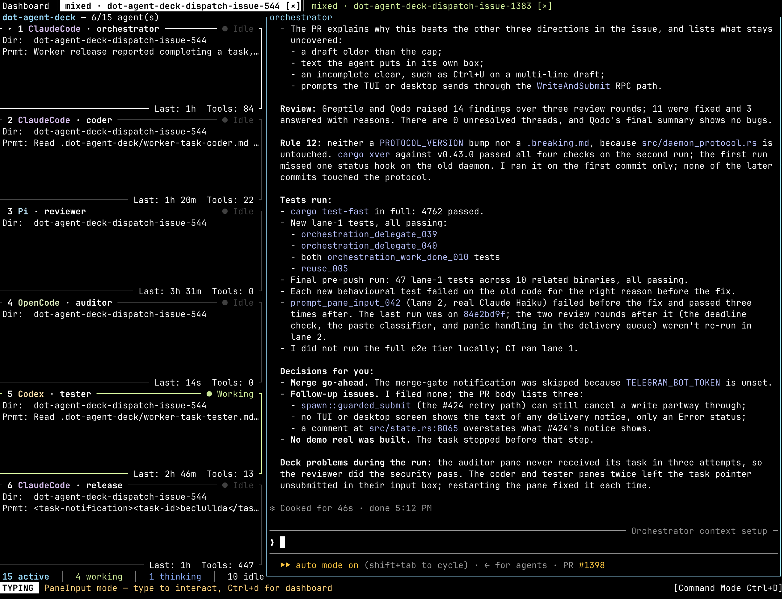 Agent Deck’s terminal UI on the dot-agent-deck-dispatch-issue-544 orchestration tab — six role cards down the left, orchestrator, coder, reviewer, auditor, tester and release, run by Claude Code, Pi, OpenCode and Codex, with tester Working and the rest Idle, beside the orchestrator’s pane showing its report on the pull request it prepared, over a footer reading 15 active, 4 working, 1 thinking, 10 idle